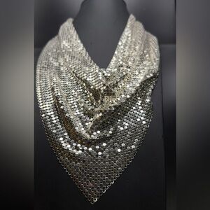 Vintage Whiting & Davis Silver Tone Mesh Bib Necklace 70’s Disco Scarf Cowl